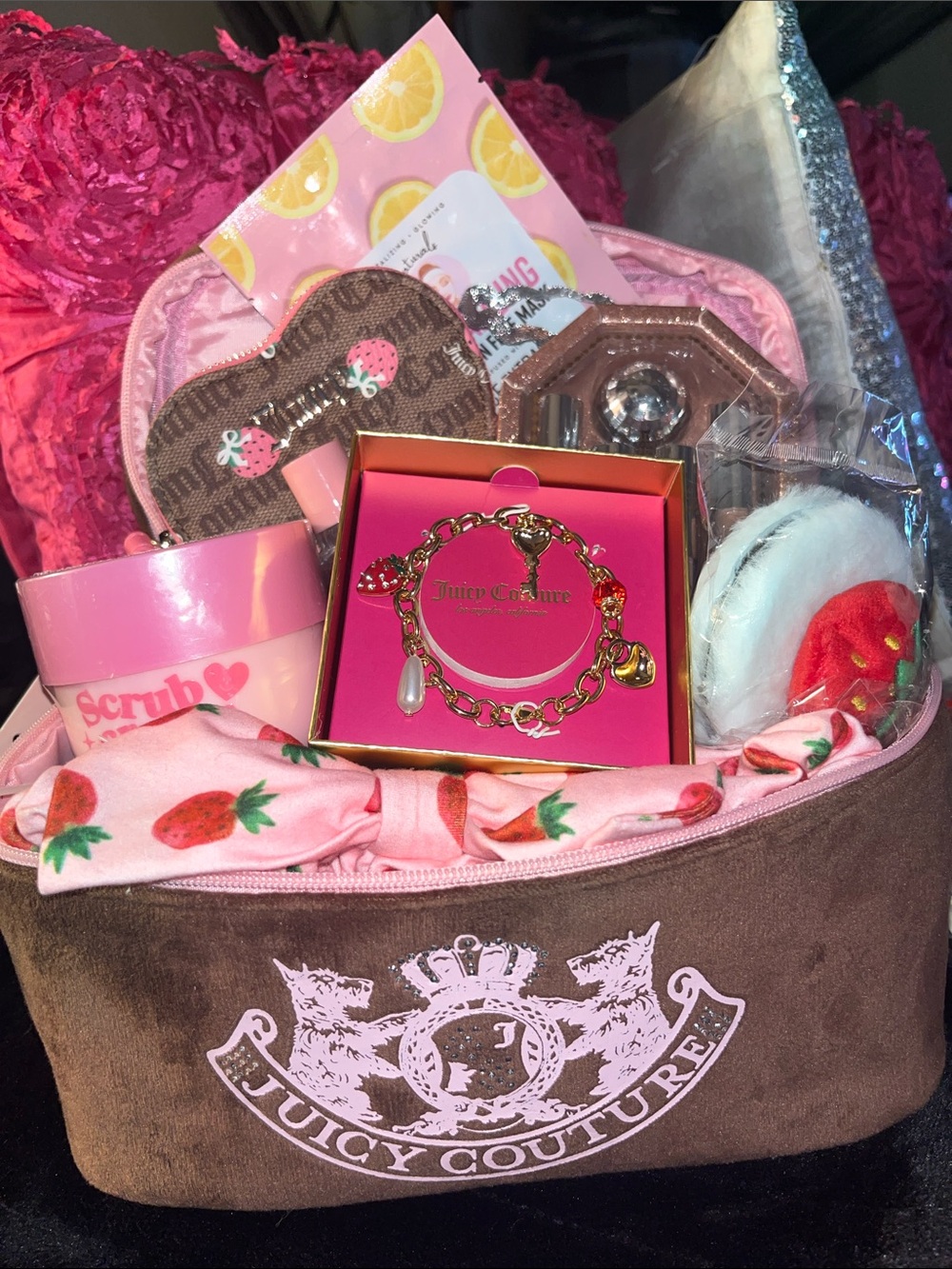 Juicy Couture Gold-Tone Charm Bracelet with Pink and Pearl Accents in Gift Set
